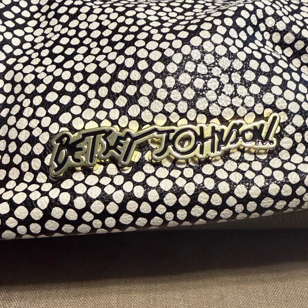 Betsey Johnson Black & White Pebble Satchel with Pink Bow